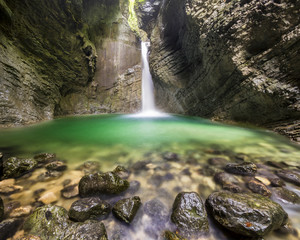 beautiful and mysterious waterfall in a cave, waterfall Kozjak, Kobarid, Slovenia   © Mike Mareen