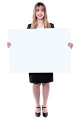 Business woman holding blank placard.