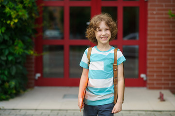 The little schoolboy stand on a schoolyard and joyfully smiles.