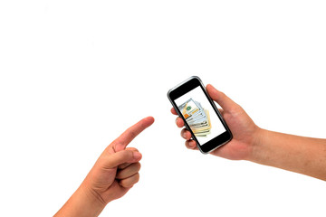 Hand holding Smartphone show screen display isolated on white