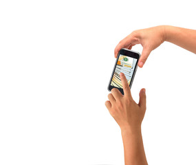 Hand holding Smartphone show screen display isolated on white