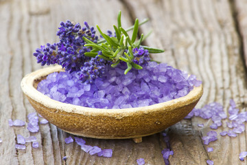 bath salt, lavender flowers and rosemary