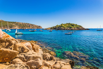 Boats at anchor Mediterranean Sea beautiful bay coast Majorca Sant Elm