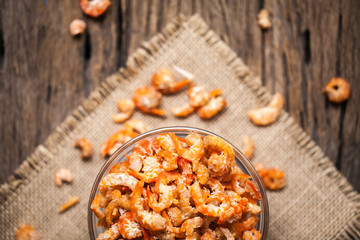 Dried shrimp in bowl on sackcloth