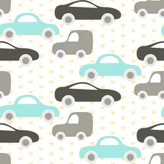 Fototapete Autos Nahtloses Muster des netten Babyvektors des Autos. Kinderstoff- und Bekleidungsdesign. Babyblaue und graue Autos auf Herzmuster.