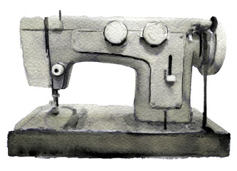 watercolor sketch of sewing machine on a white background