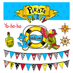 Pirate party elements for birthday, steering wheel, flags, bottle and other pirate symbols.