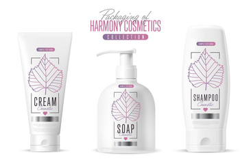 Harmony organic cosmetic brand vector packaging template, body care product. Oil, lotion or soap, shampoo, cream. Realistic bottle mock up set, isolated pack on white background.