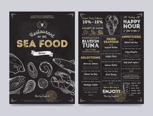 Seafood restaurant cafe menu template design on chalkboard background vector illustration