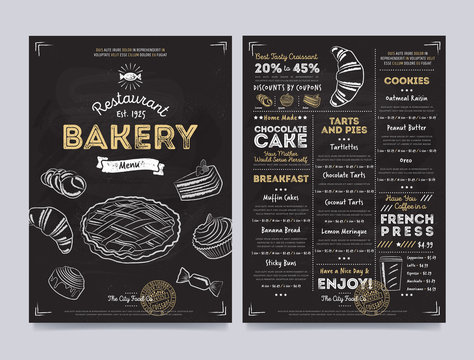 Bakery restaurant cafe menu template design on chalkboard background vector illustration