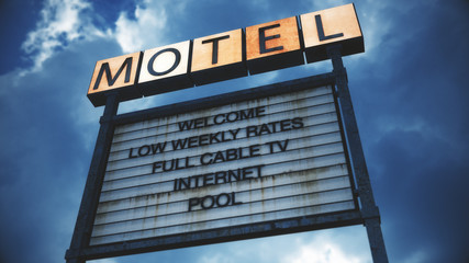 Old Grungy Motel Sign under Daytime Cloudy Sky 3D Illustration