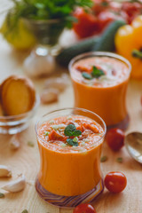 A refreshing cold gazpacho in glassware