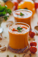 A refreshing cold gazpacho in glassware