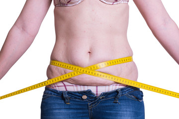 fat woman measuring her waist