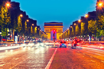 Arch of Triumph and Champs Elysees at dusk, Paris