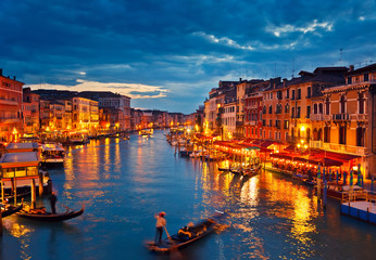 Naklejka premium View on Grand Canal from Rialto bridge at dusk, Venice, Italy