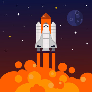 Vector flat space background with Space Shuttle.