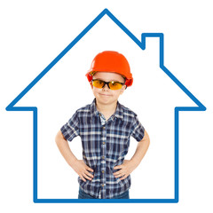 Boy builder in the blue uniform