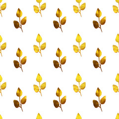 Seamless pattern with hand-painted golden branches with leaves