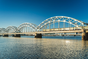 A view of the Railway Bridge over Daugava River in Riga, Latvia