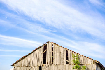 Fototapeta na wymiar Roof of an old broken barn
