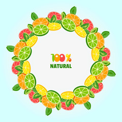 Citrus Fruits. Citrus wreath. Tropic Fruit frame. Sliced lemon lime orange grapefruit leaves. Fresh natural product Concept. Organic natural meal. Tropical product. Vector Illustration