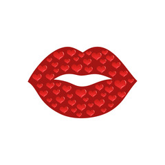 Fototapeta na wymiar Red kissing and smiling cartoon lips isolated decorative for party presentation. Cartoon mouth giving a kiss, hearts. Human body parts. Concept design for card, banner, poster. Vector illustration