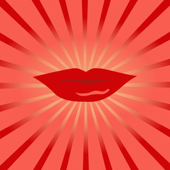 Red kissing and smiling cartoon lips isolated decorative for party presentation. Cartoon mouth giving a kiss, sunrise beams. Human body parts. Concept design card banner poster. Vector illustration