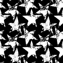 Black and white worn grunge stars seamless pattern, vector