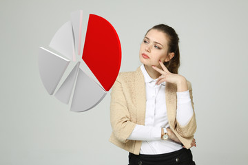 Woman shows a pie chart, circle diagram. Business analytics concept.