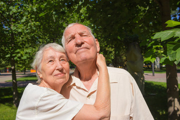 The happy old couple in the summer on a walk