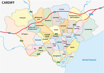 Obraz premium administrative and political vector map of the Welsh capital Cardiff