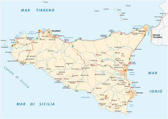 detailed vector road map of island sicily, italy - obrazy, fototapety, plakaty