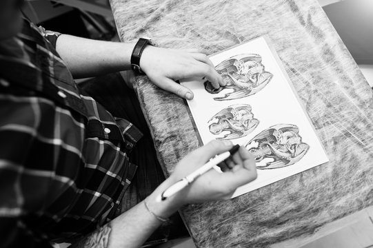 Tattoo master preparing sketch for tattoo