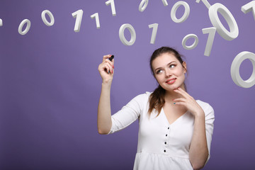 Woman working with binary code, concept of digital technology.