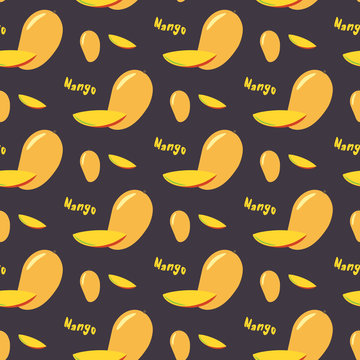 Mango seamless repeating pattern,  flat style. Exotic tropical fruit. For printing on fabric or paper. Vector illustration.