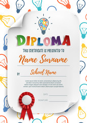 Diploma template with colorful light bulbs.