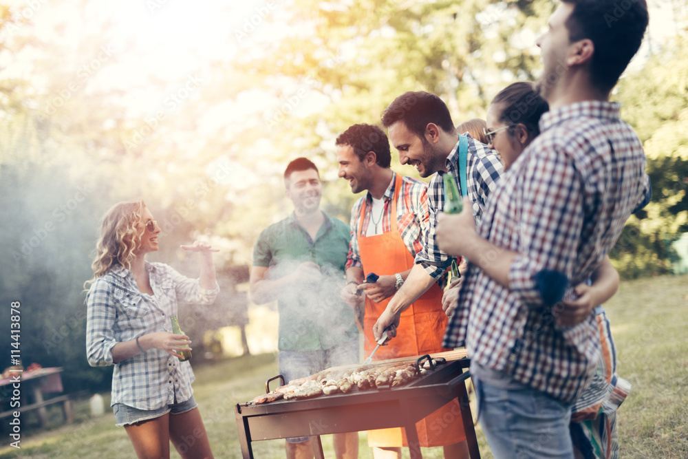 Wall mural Friends having a barbecue party in nature