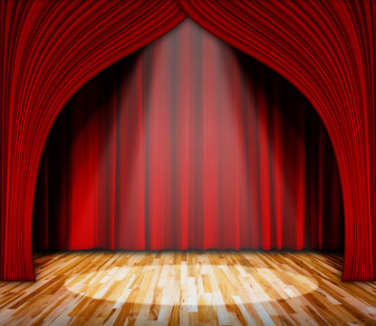 Background. lighting on stage. red curtain and wooden floor interior