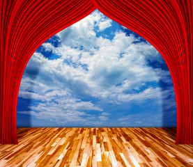 Red curtain in front of Sky background with wooden floor