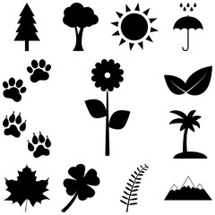 Trees, flowers and animal tracks. Nature icons set