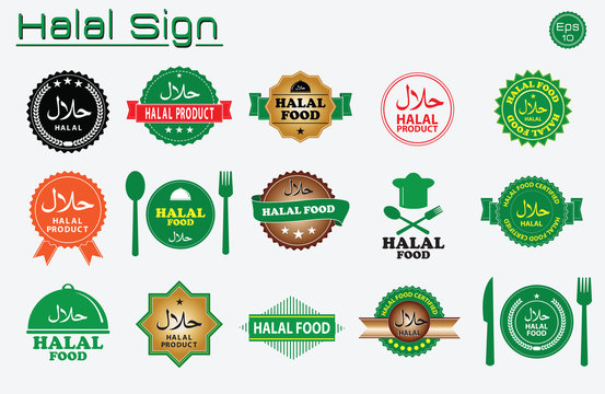 Halal Food Labels Vector Set. Badges, Logo, Tag Round, And Label Design. Suitable For Banner, Flyer, Trade Mark, And Other Advertising Raw Materials.  Easy To Modify