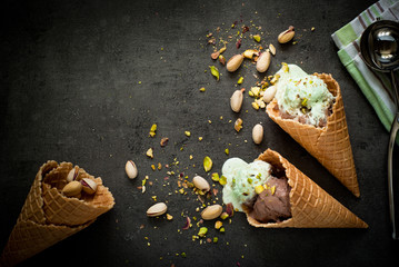Ice cream with chocolate and pistachios