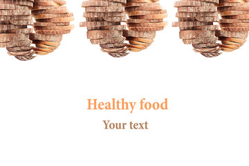 Decorative edging of the piles of black rye bread and white bread on a white background. Isolated. Border. Concept art. Food background. Copy space.