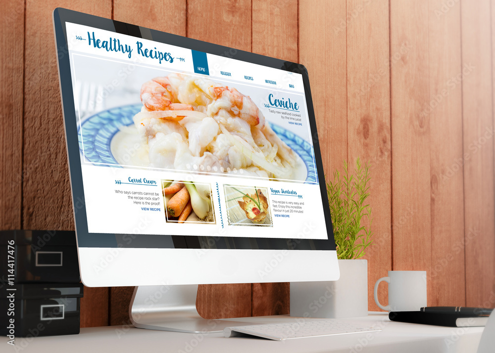 Poster modern workspace with computer online recipes website