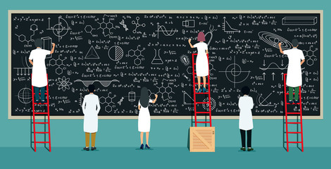 Many scientists are thinking and writing on the blackboard.