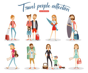 Travel people cartoon collection, vacation people isolated on white background.