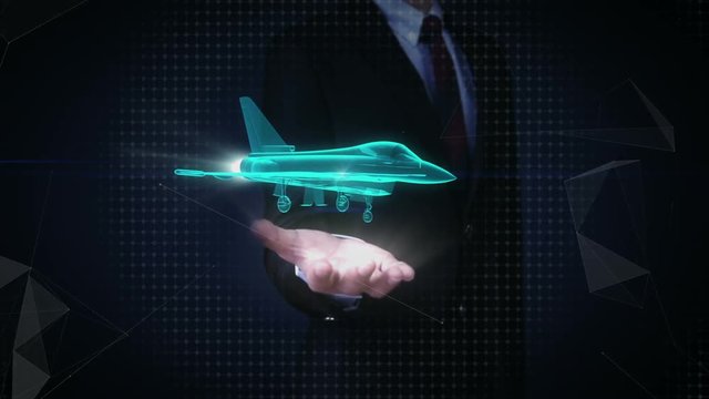 Businessman open palms, rotating Airforce plane. x-ray image.