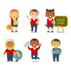 Different ethnic kids back to school. Multicultural school children going to school together. Smiling children cartoon isolated on white background.