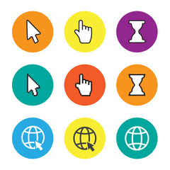 Hand cursor signs, arrow pointer symbols and click icons with long shadows vector set